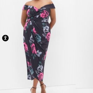 City chic Claire Print Off Shoulder Dress - black floral S / 16 NEW